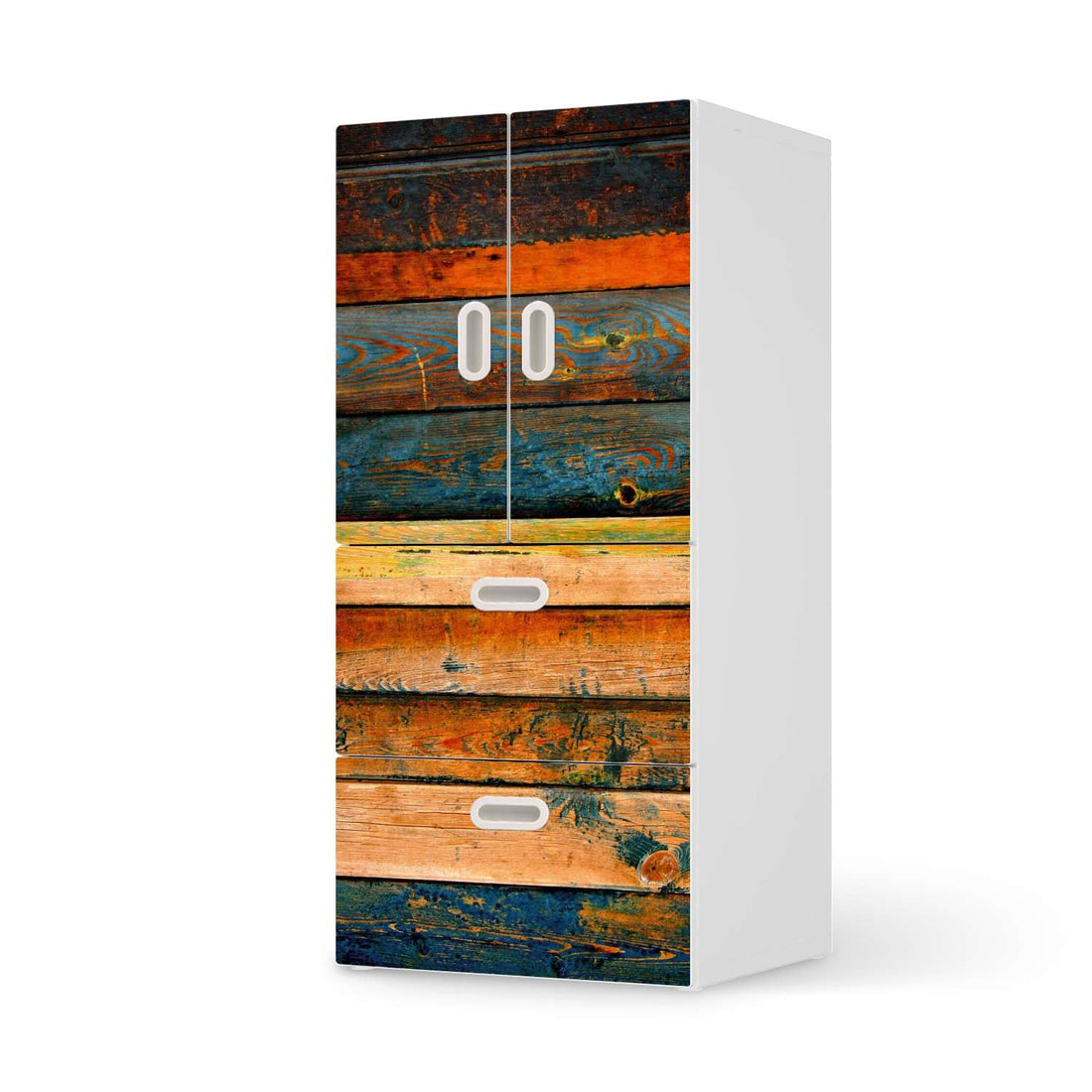 Möbelfolie Wooden - IKEA Stuva / Fritids kombiniert - 2 Schubladen und 2 kleine Türen  - weiss