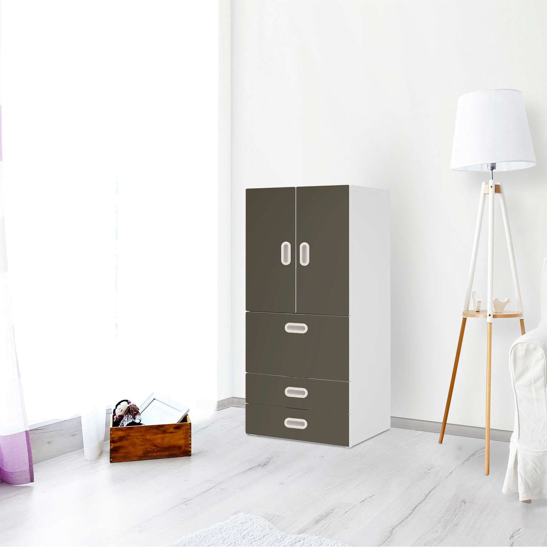 Möbelfolie Braungrau Dark - IKEA Stuva / Fritids kombiniert - 3 Schubladen und 2 kleine Türen - Kinderzimmer