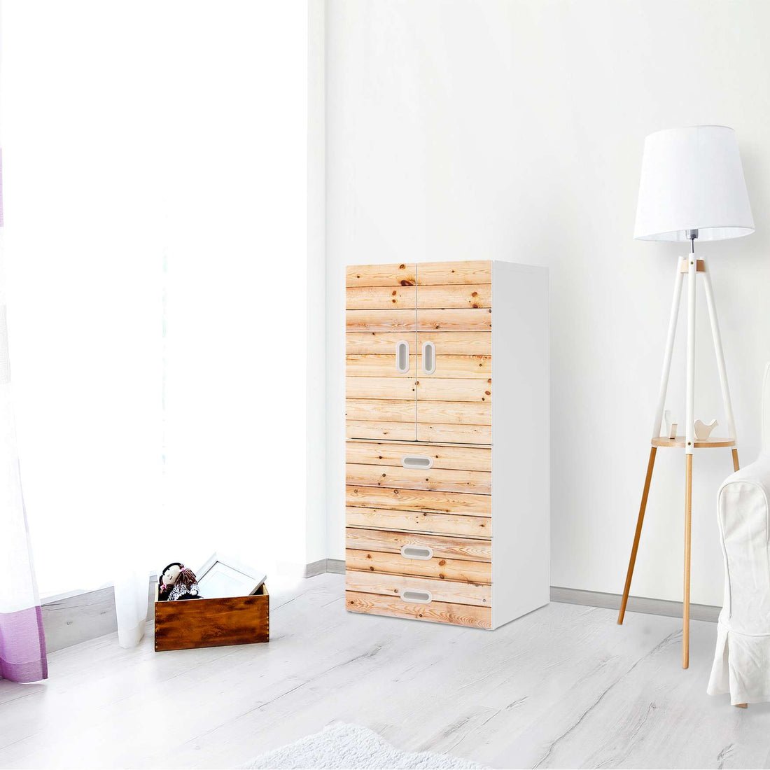 Möbelfolie Bright Planks - IKEA Stuva / Fritids kombiniert - 3 Schubladen und 2 kleine Türen - Kinderzimmer