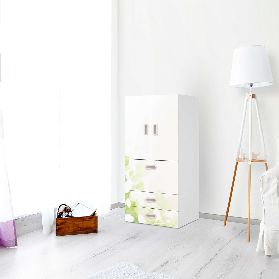 Möbelfolie Flower Light - IKEA Stuva / Fritids kombiniert - 3 Schubladen und 2 kleine Türen - Kinderzimmer