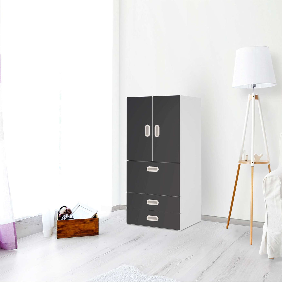 Möbelfolie Grau Dark - IKEA Stuva / Fritids kombiniert - 3 Schubladen und 2 kleine Türen - Kinderzimmer