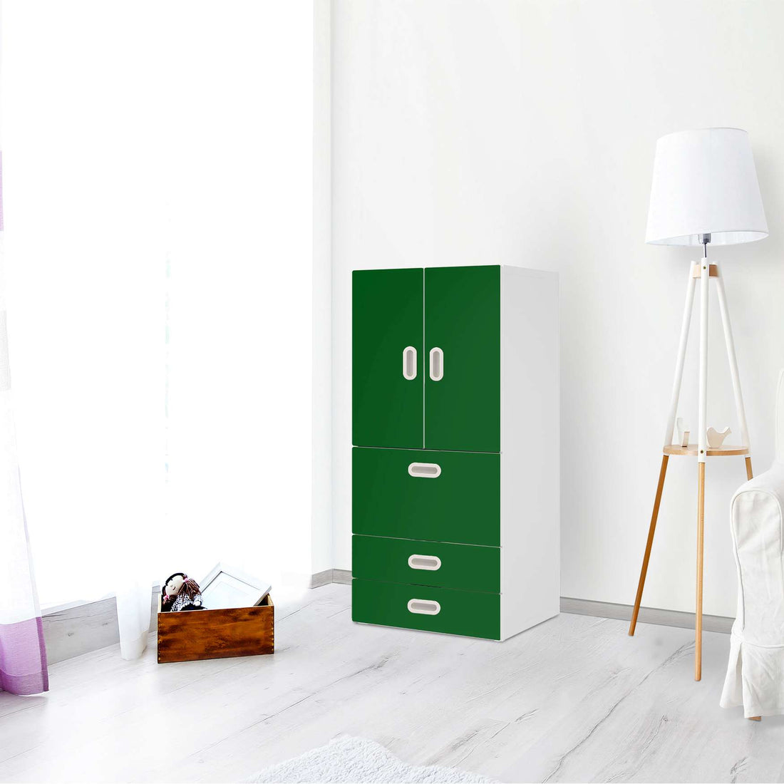 Möbelfolie Grün Dark - IKEA Stuva / Fritids kombiniert - 3 Schubladen und 2 kleine Türen - Kinderzimmer