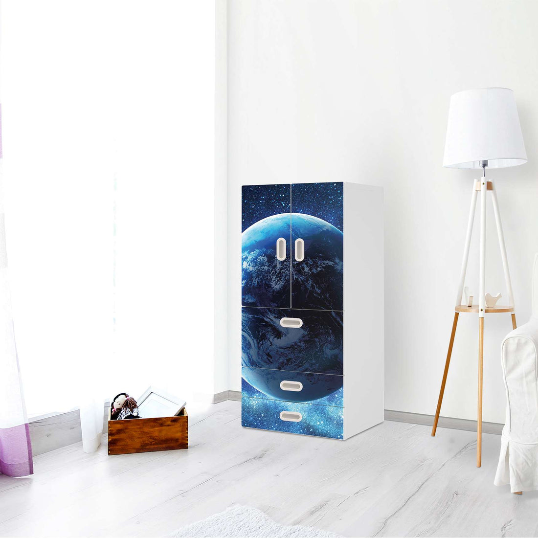Möbelfolie Planet Blue - IKEA Stuva / Fritids kombiniert - 3 Schubladen und 2 kleine Türen - Kinderzimmer