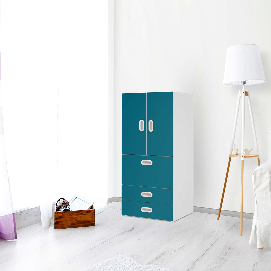 Möbelfolie Türkisgrün Dark - IKEA Stuva / Fritids kombiniert - 3 Schubladen und 2 kleine Türen - Kinderzimmer
