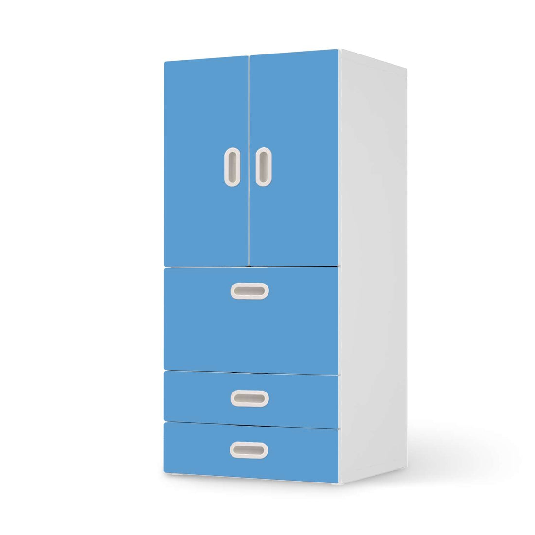 Möbelfolie Blau Light - IKEA Stuva / Fritids kombiniert - 3 Schubladen und 2 kleine Türen  - weiss