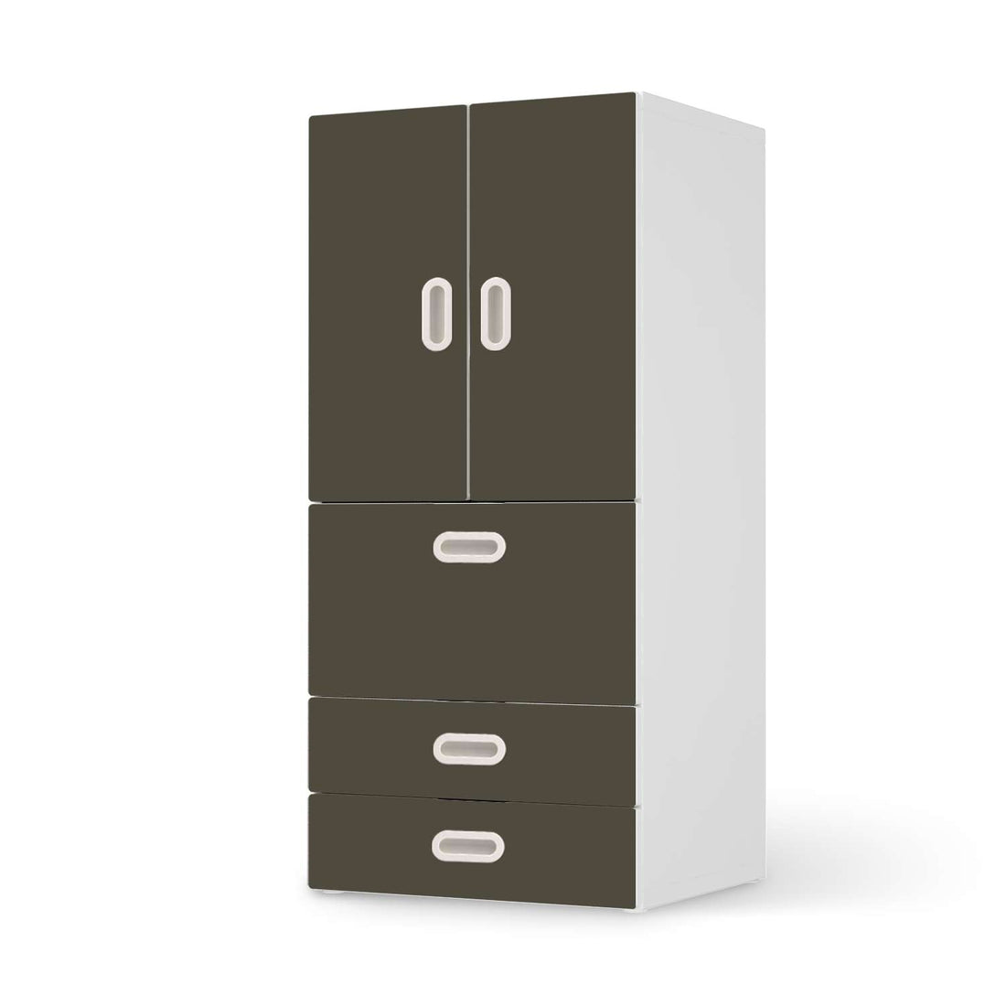 Möbelfolie Braungrau Dark - IKEA Stuva / Fritids kombiniert - 3 Schubladen und 2 kleine Türen  - weiss