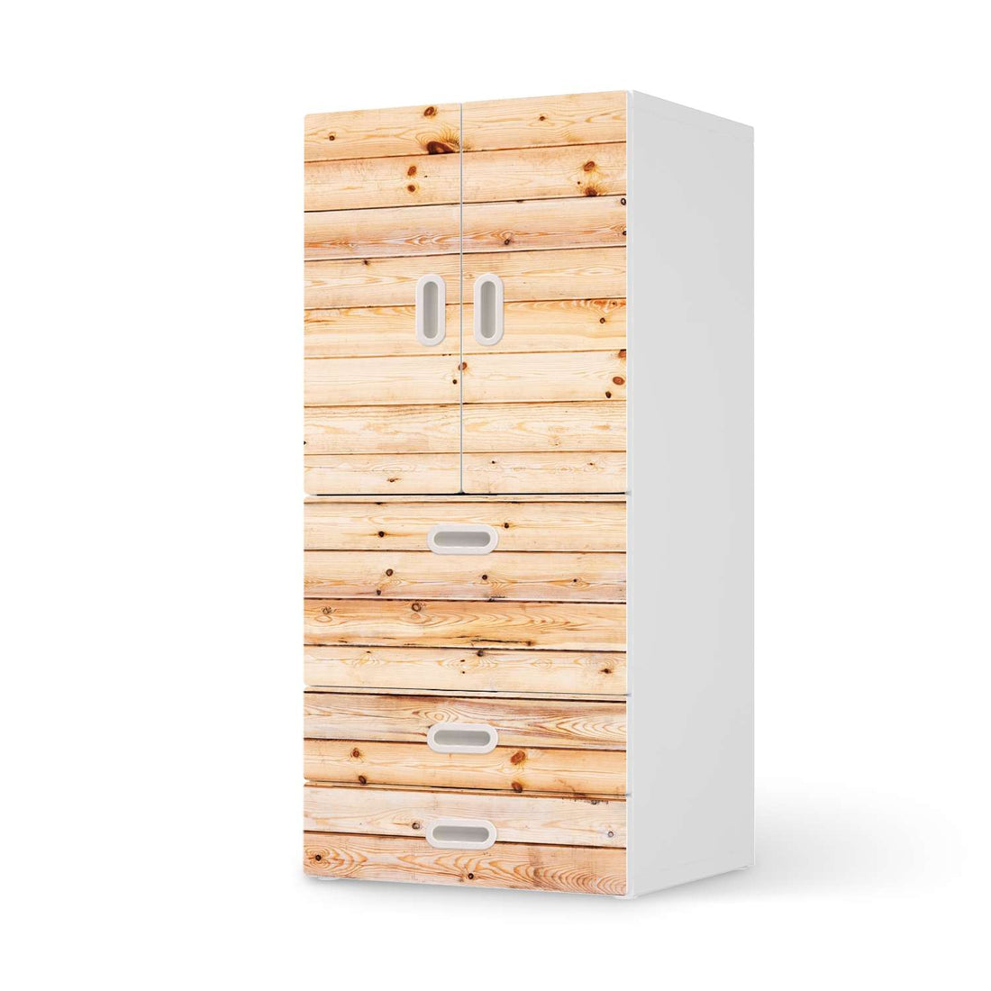 Möbelfolie Bright Planks - IKEA Stuva / Fritids kombiniert - 3 Schubladen und 2 kleine Türen  - weiss