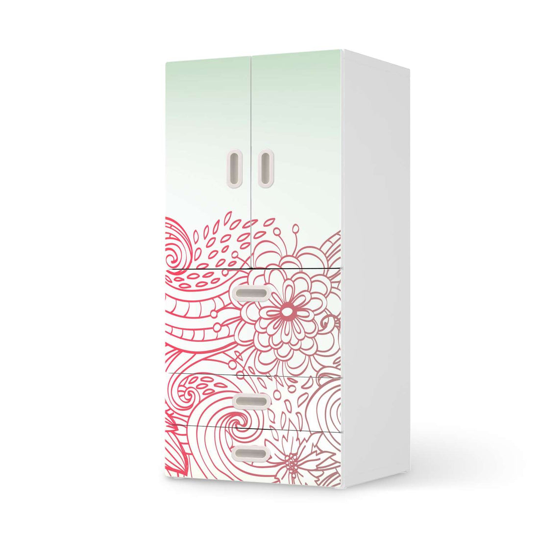 Möbelfolie Floral Doodle - IKEA Stuva / Fritids kombiniert - 3 Schubladen und 2 kleine Türen  - weiss