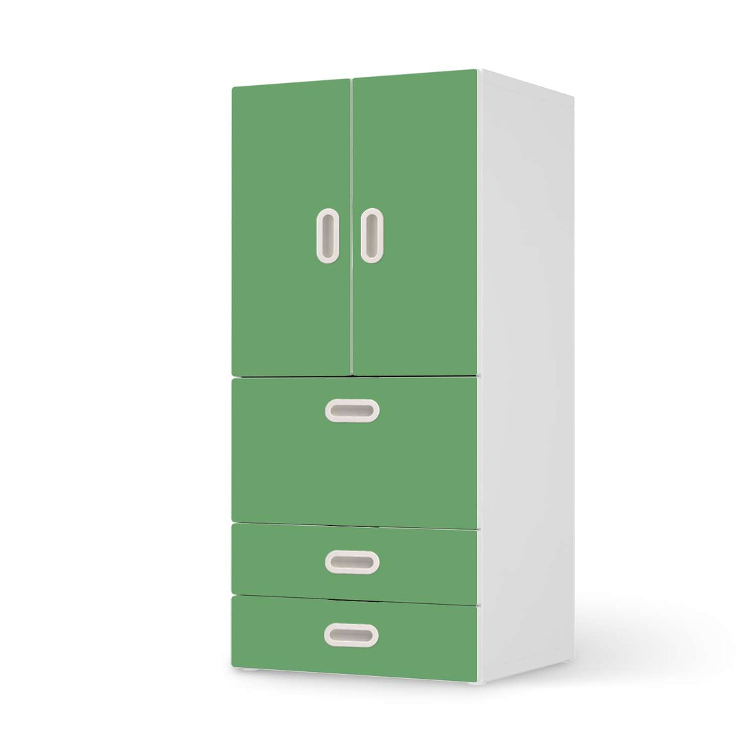 Möbelfolie Grün Light - IKEA Stuva / Fritids kombiniert - 3 Schubladen und 2 kleine Türen  - weiss