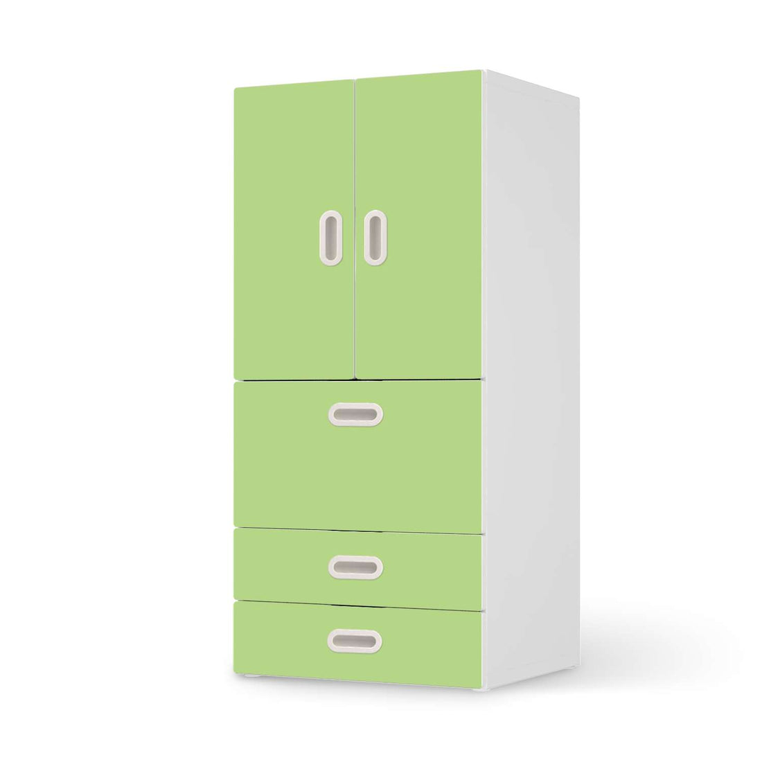 Möbelfolie Hellgrün Light - IKEA Stuva / Fritids kombiniert - 3 Schubladen und 2 kleine Türen  - weiss