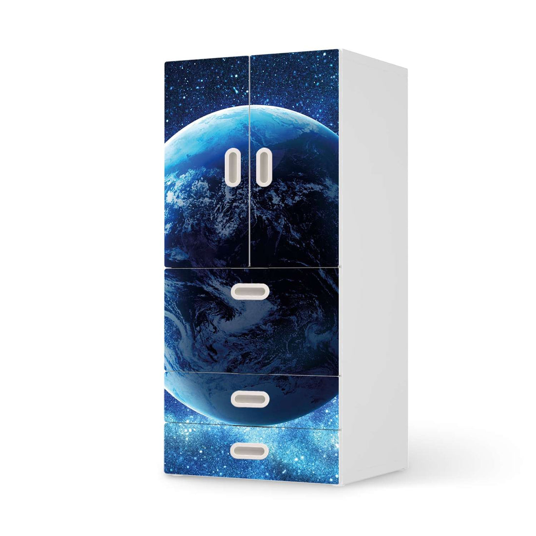 Möbelfolie Planet Blue - IKEA Stuva / Fritids kombiniert - 3 Schubladen und 2 kleine Türen  - weiss