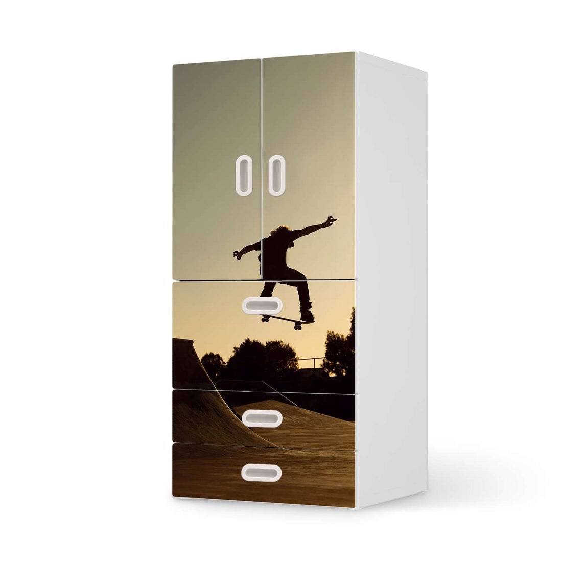Möbelfolie Skater - IKEA Stuva / Fritids kombiniert - 3 Schubladen und 2 kleine Türen  - weiss