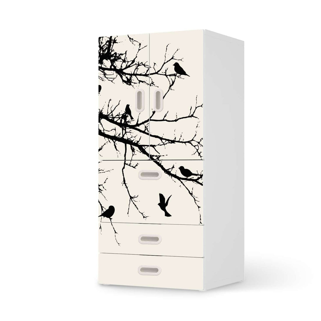 Möbelfolie Tree and Birds 1 - IKEA Stuva / Fritids kombiniert - 3 Schubladen und 2 kleine Türen  - weiss