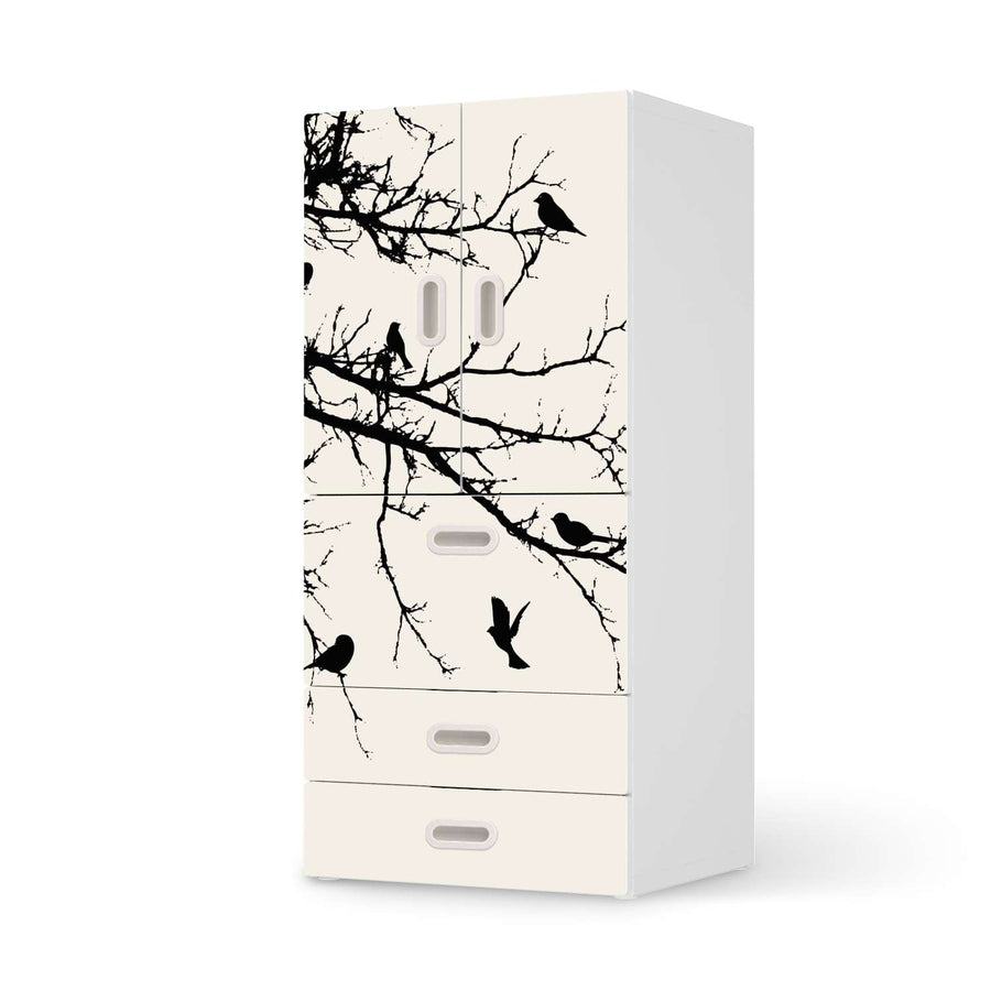 Möbelfolie Tree and Birds 1 - IKEA Stuva / Fritids kombiniert - 3 Schubladen und 2 kleine Türen  - weiss