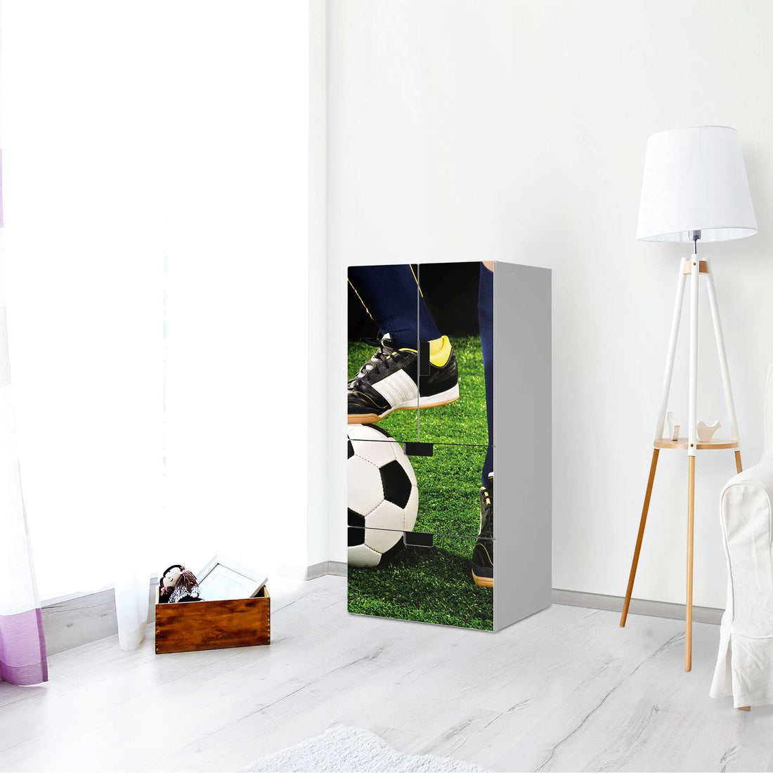 Möbelfolie Fussballstar - IKEA Stuva kombiniert - 2 Schubladen und 2 kleine Türen - Kinderzimmer
