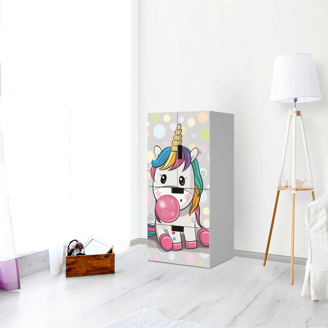 Möbelfolie Rainbow das Einhorn - IKEA Stuva kombiniert - 2 Schubladen und 2 kleine Türen - Kinderzimmer
