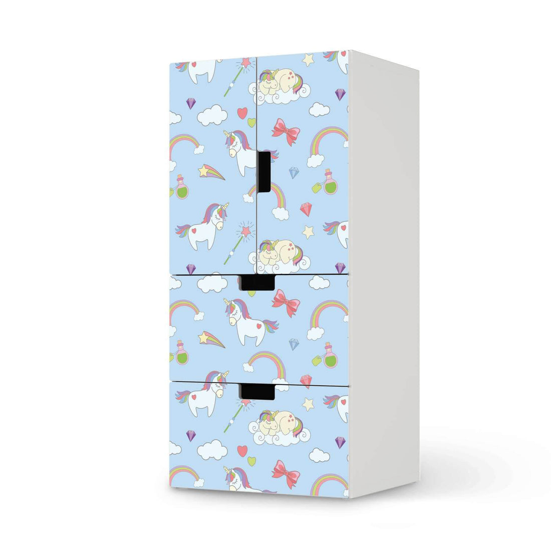 Möbelfolie Rainbow Unicorn - IKEA Stuva kombiniert - 2 Schubladen und 2 kleine Türen  - weiss