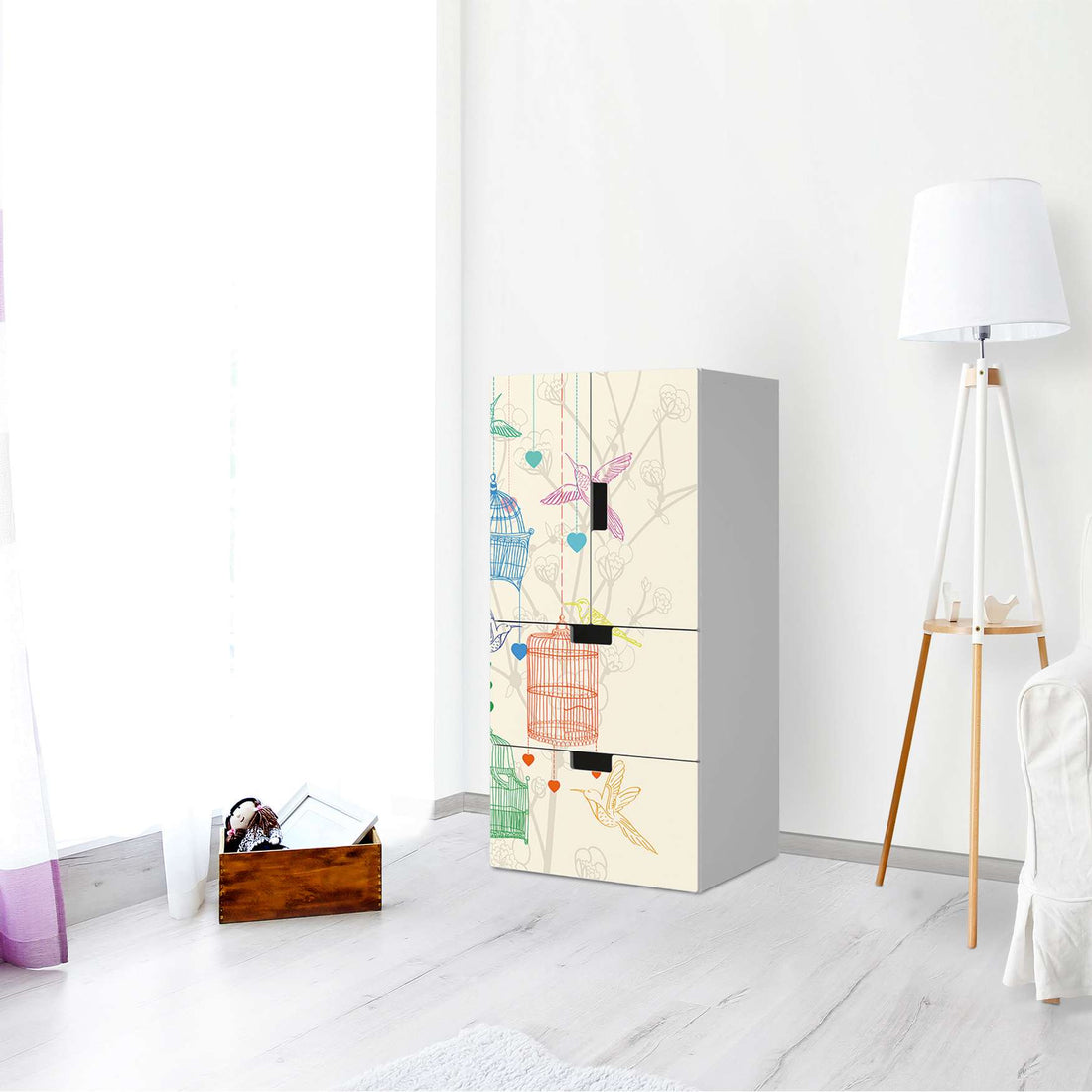 Möbelfolie Birdcage - IKEA Stuva kombiniert - 2 Schubladen und 2 kleine Türen - Wohnzimmer