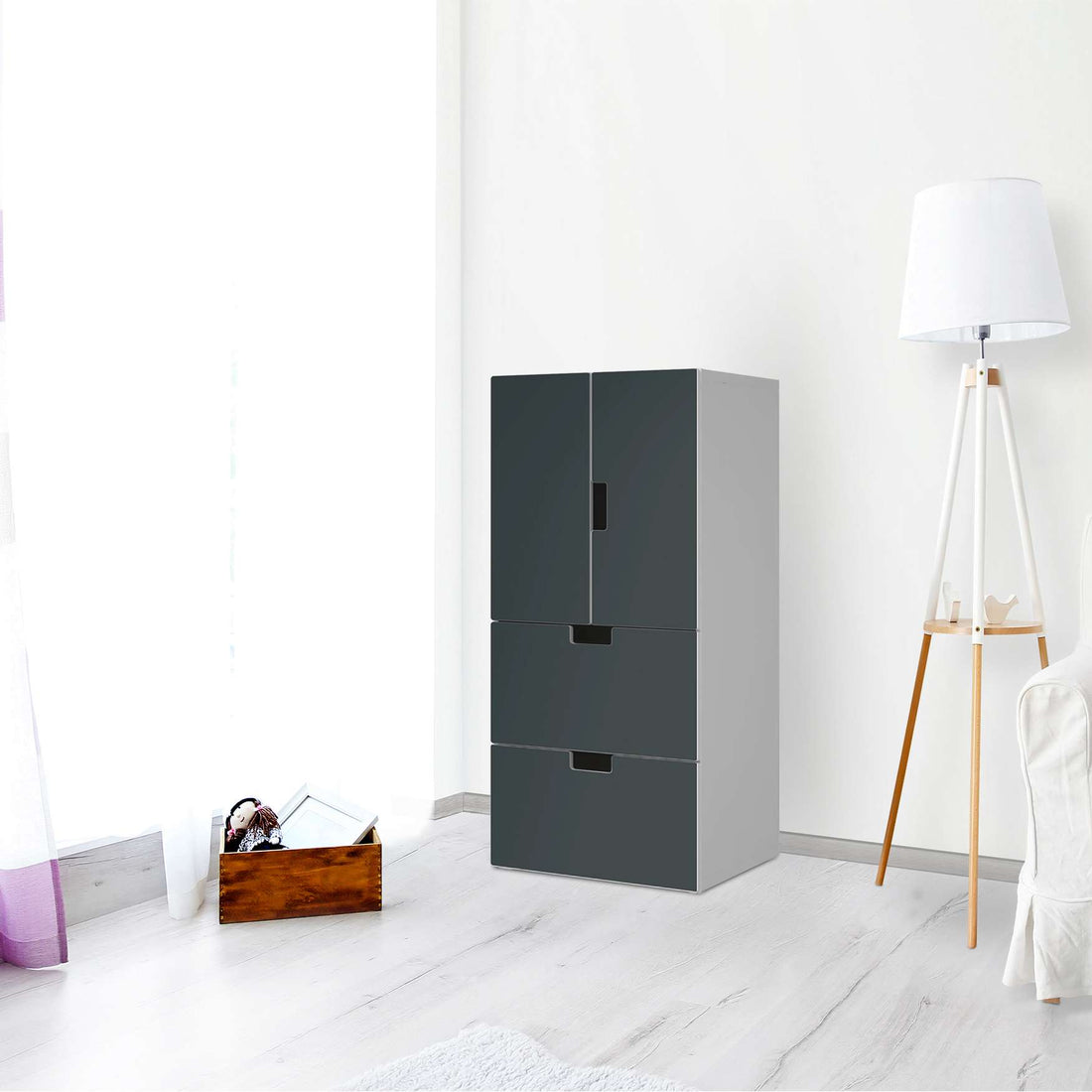 Möbelfolie Blaugrau Dark - IKEA Stuva kombiniert - 2 Schubladen und 2 kleine Türen - Wohnzimmer