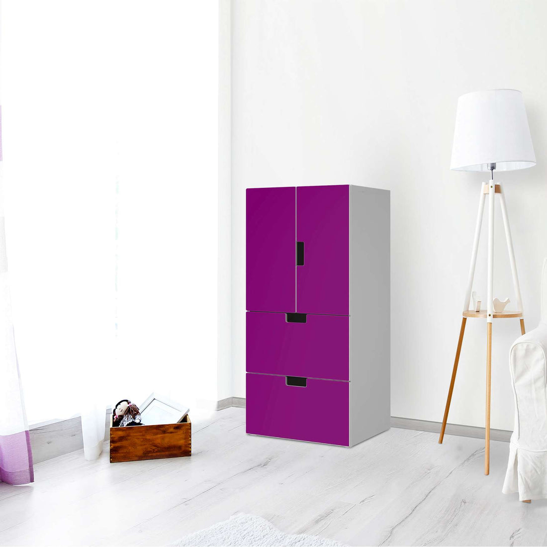 Möbelfolie Flieder Dark - IKEA Stuva kombiniert - 2 Schubladen und 2 kleine Türen - Wohnzimmer