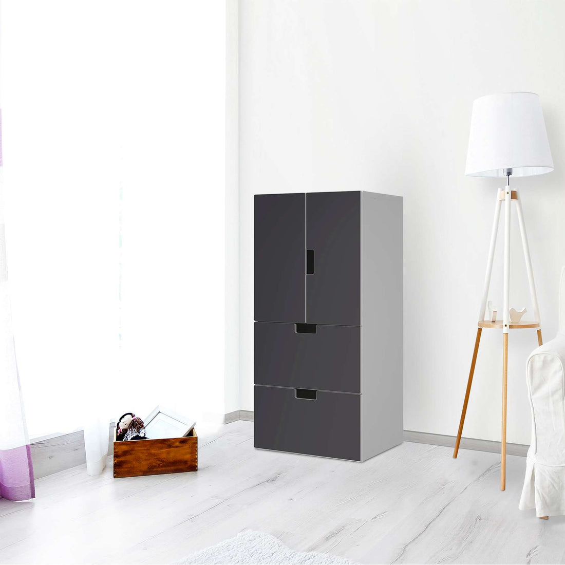 Möbelfolie Grau Dark - IKEA Stuva kombiniert - 2 Schubladen und 2 kleine Türen - Wohnzimmer