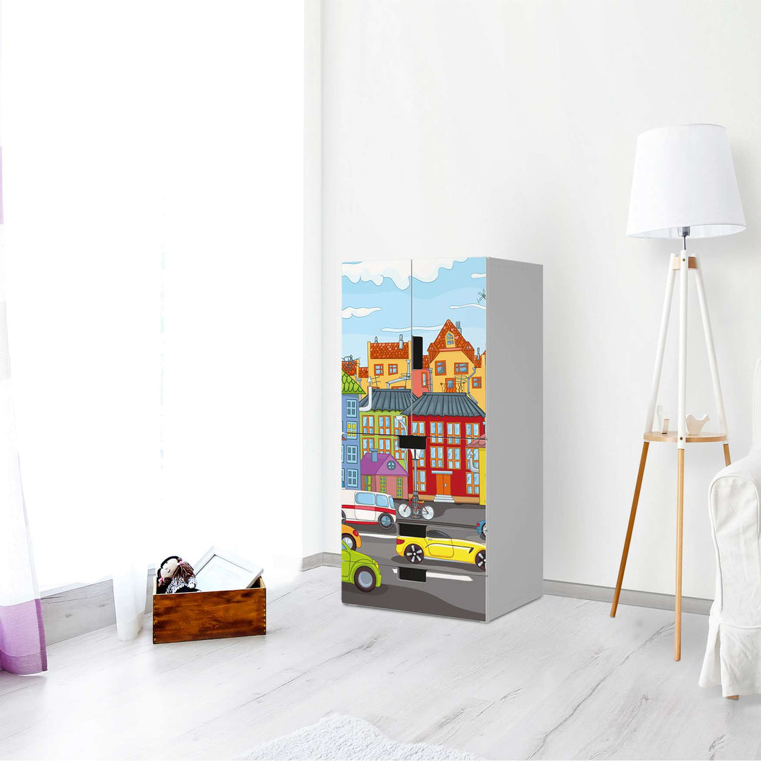Möbelfolie City Life - IKEA Stuva kombiniert - 3 Schubladen und 2 kleine Türen - Kinderzimmer