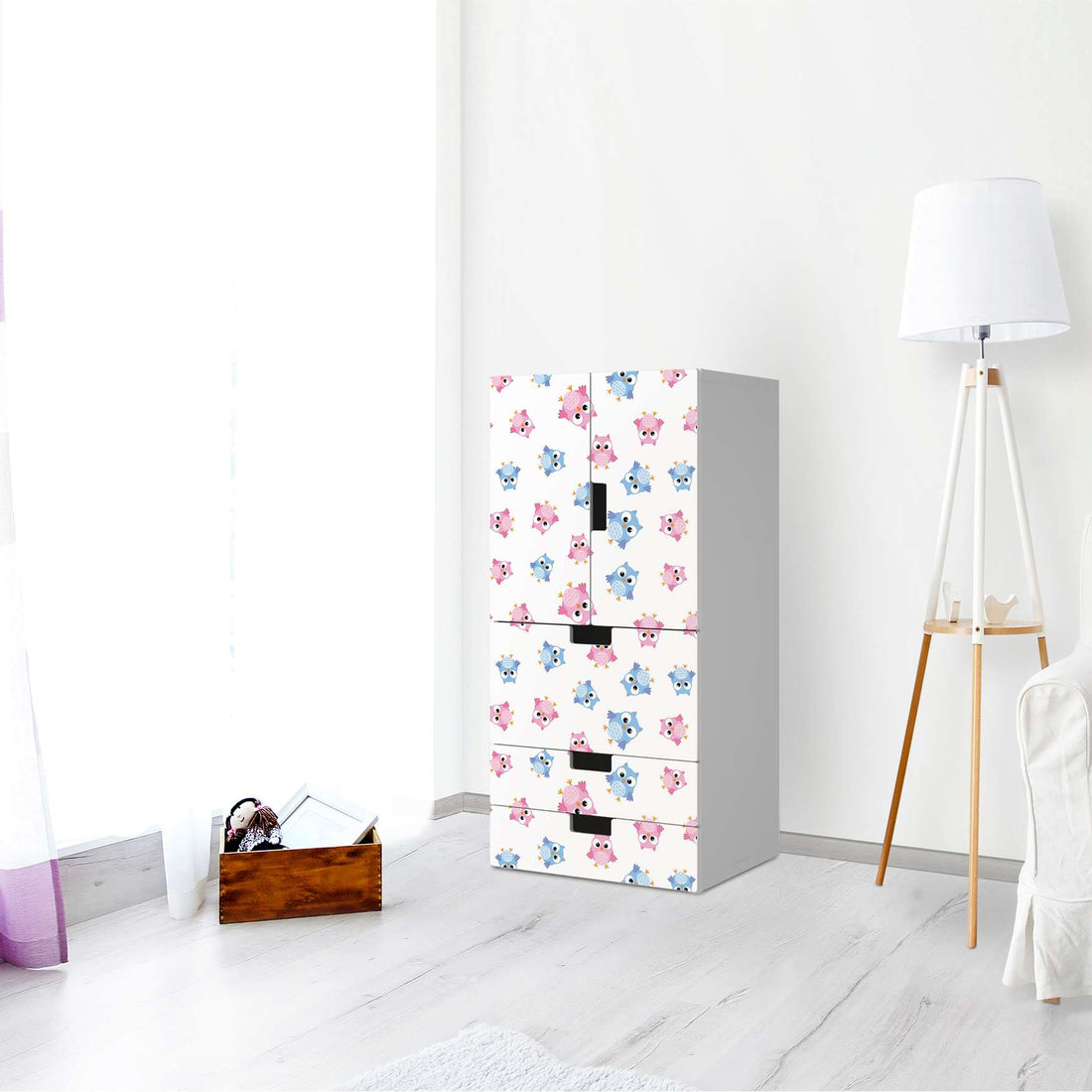 Möbelfolie Eulenparty - IKEA Stuva kombiniert - 3 Schubladen und 2 kleine Türen - Kinderzimmer