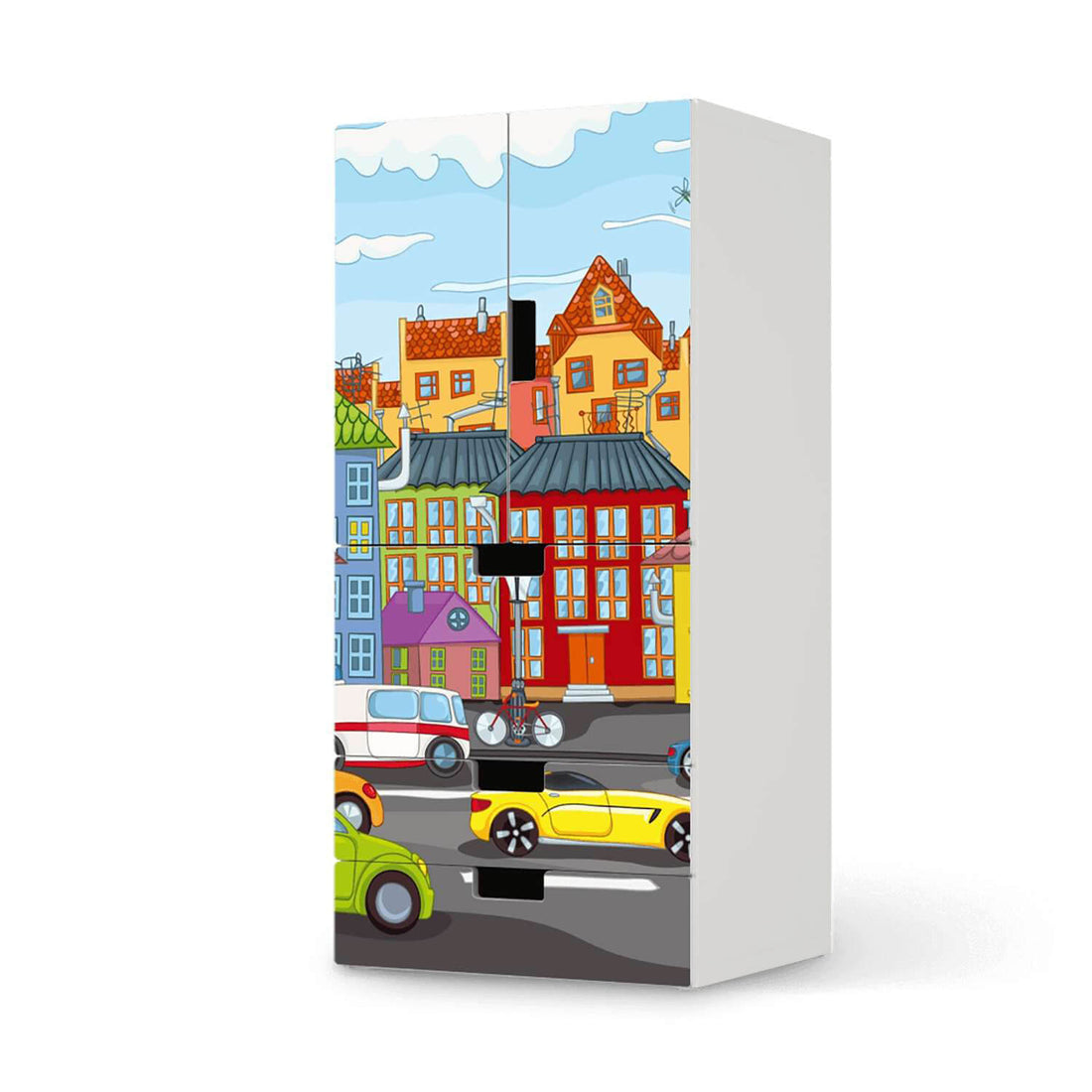 Möbelfolie City Life - IKEA Stuva kombiniert - 3 Schubladen und 2 kleine Türen  - weiss