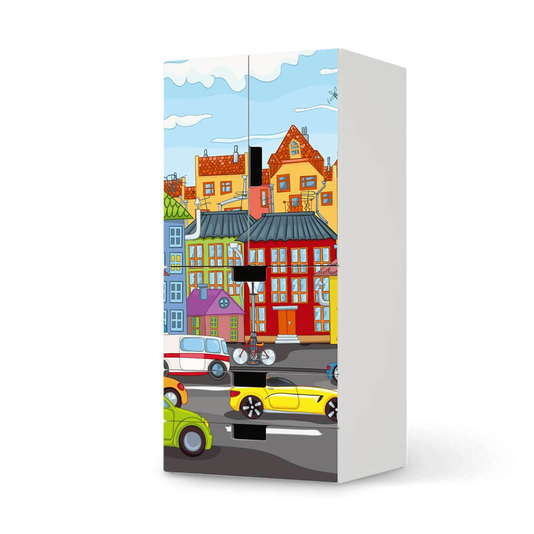 Möbelfolie City Life - IKEA Stuva kombiniert - 3 Schubladen und 2 kleine Türen  - weiss