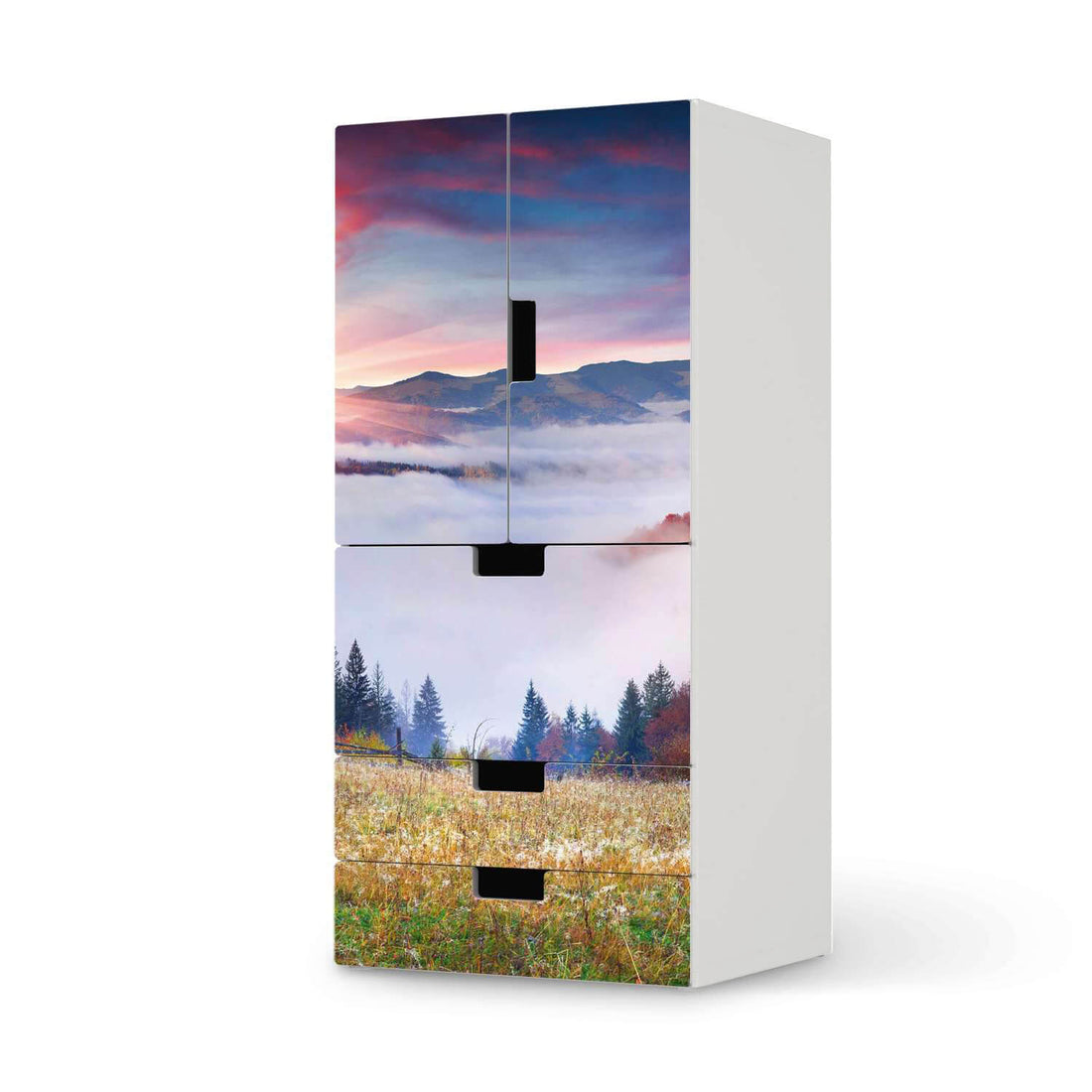 Möbelfolie Herbstwald - IKEA Stuva kombiniert - 3 Schubladen und 2 kleine Türen  - weiss