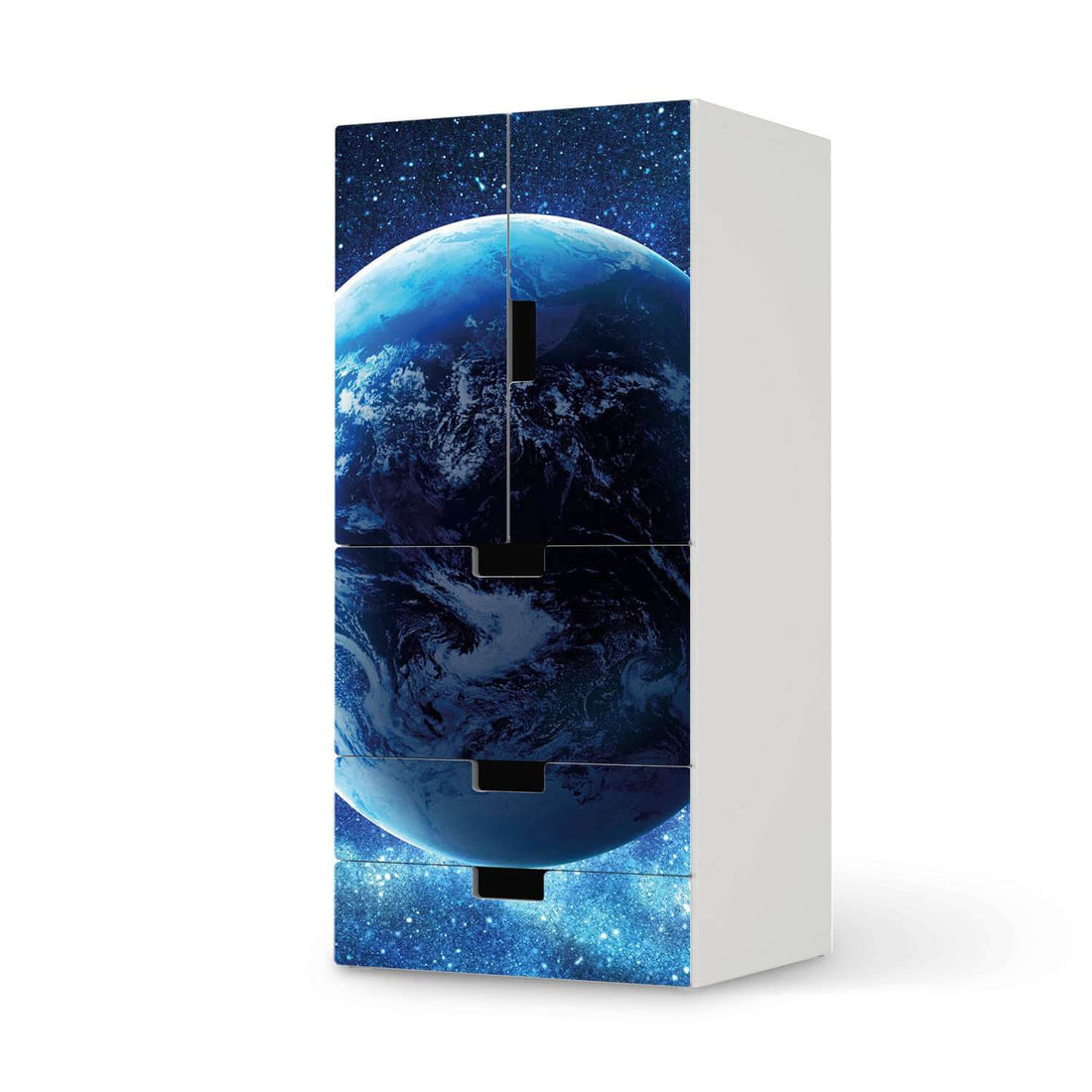 Möbelfolie Planet Blue - IKEA Stuva kombiniert - 3 Schubladen und 2 kleine Türen  - weiss