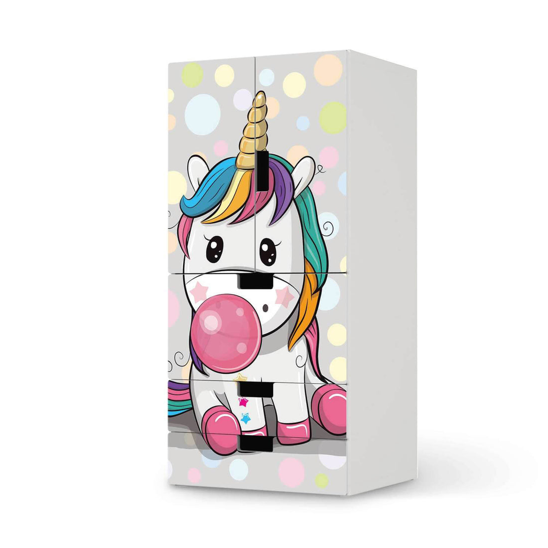 Möbelfolie Rainbow das Einhorn - IKEA Stuva kombiniert - 3 Schubladen und 2 kleine Türen  - weiss