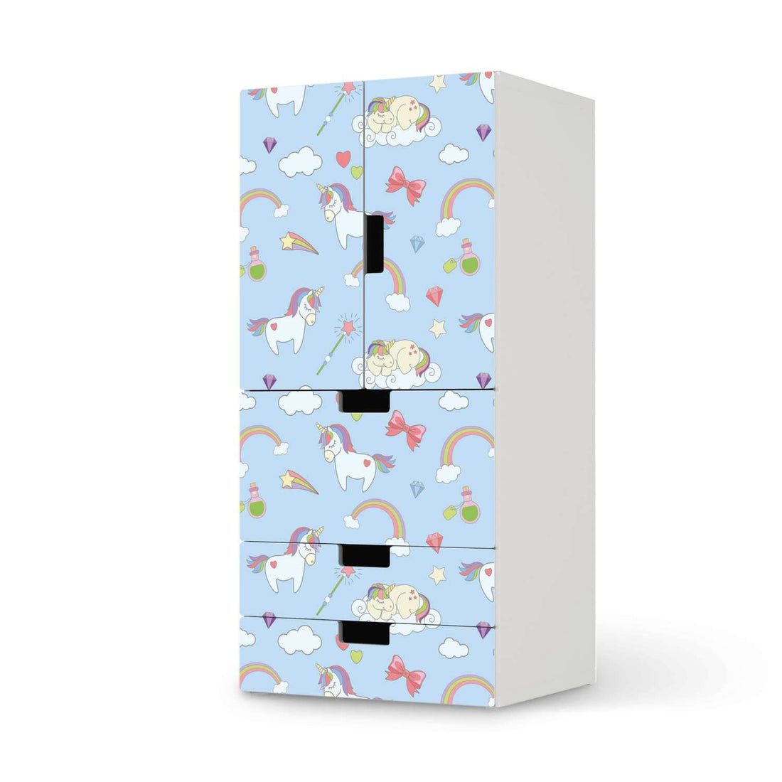 Möbelfolie Rainbow Unicorn - IKEA Stuva kombiniert - 3 Schubladen und 2 kleine Türen  - weiss