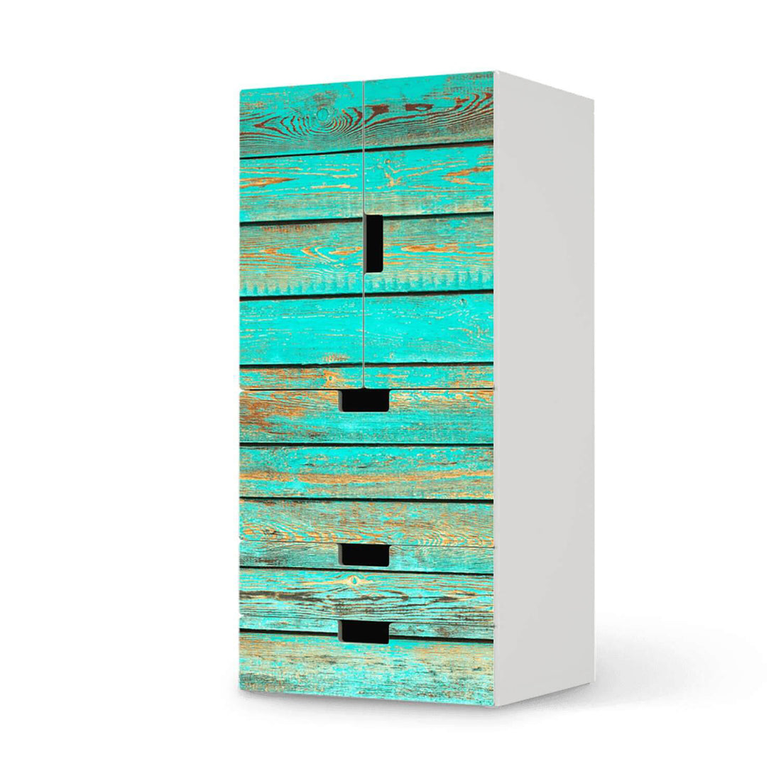 Möbelfolie Wooden Aqua - IKEA Stuva kombiniert - 3 Schubladen und 2 kleine Türen  - weiss