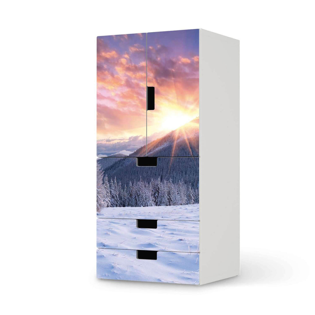 Möbelfolie Zauberhafte Winterlandschaft - IKEA Stuva kombiniert - 3 Schubladen und 2 kleine Türen  - weiss