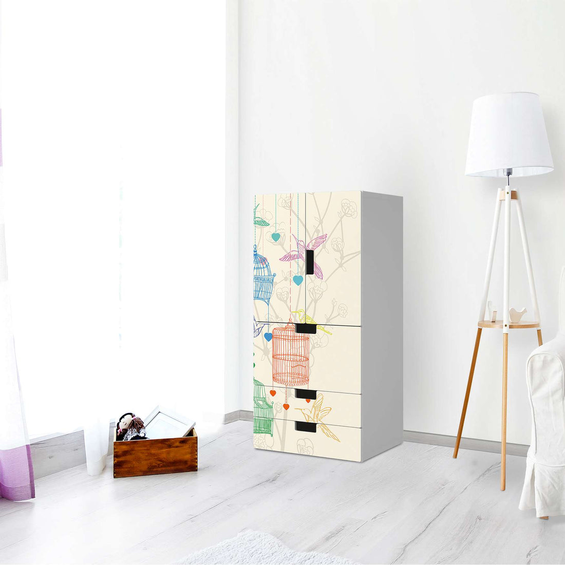 Möbelfolie Birdcage - IKEA Stuva kombiniert - 3 Schubladen und 2 kleine Türen - Wohnzimmer