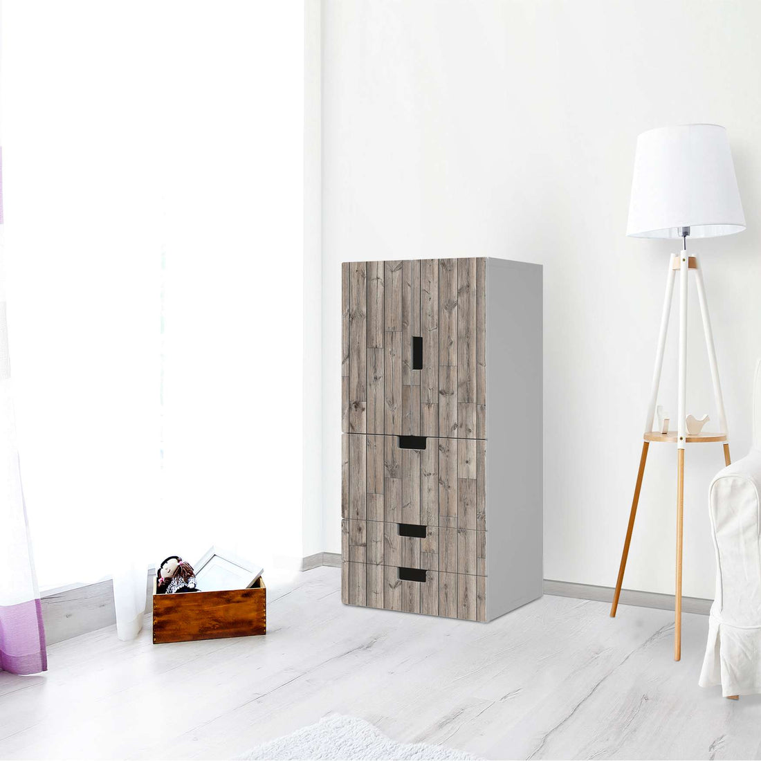 Möbelfolie Dark washed - IKEA Stuva kombiniert - 3 Schubladen und 2 kleine Türen - Wohnzimmer