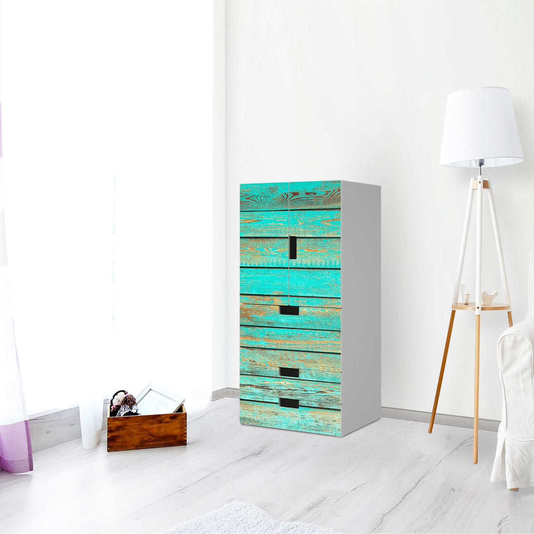 Möbelfolie Wooden Aqua - IKEA Stuva kombiniert - 3 Schubladen und 2 kleine Türen - Wohnzimmer