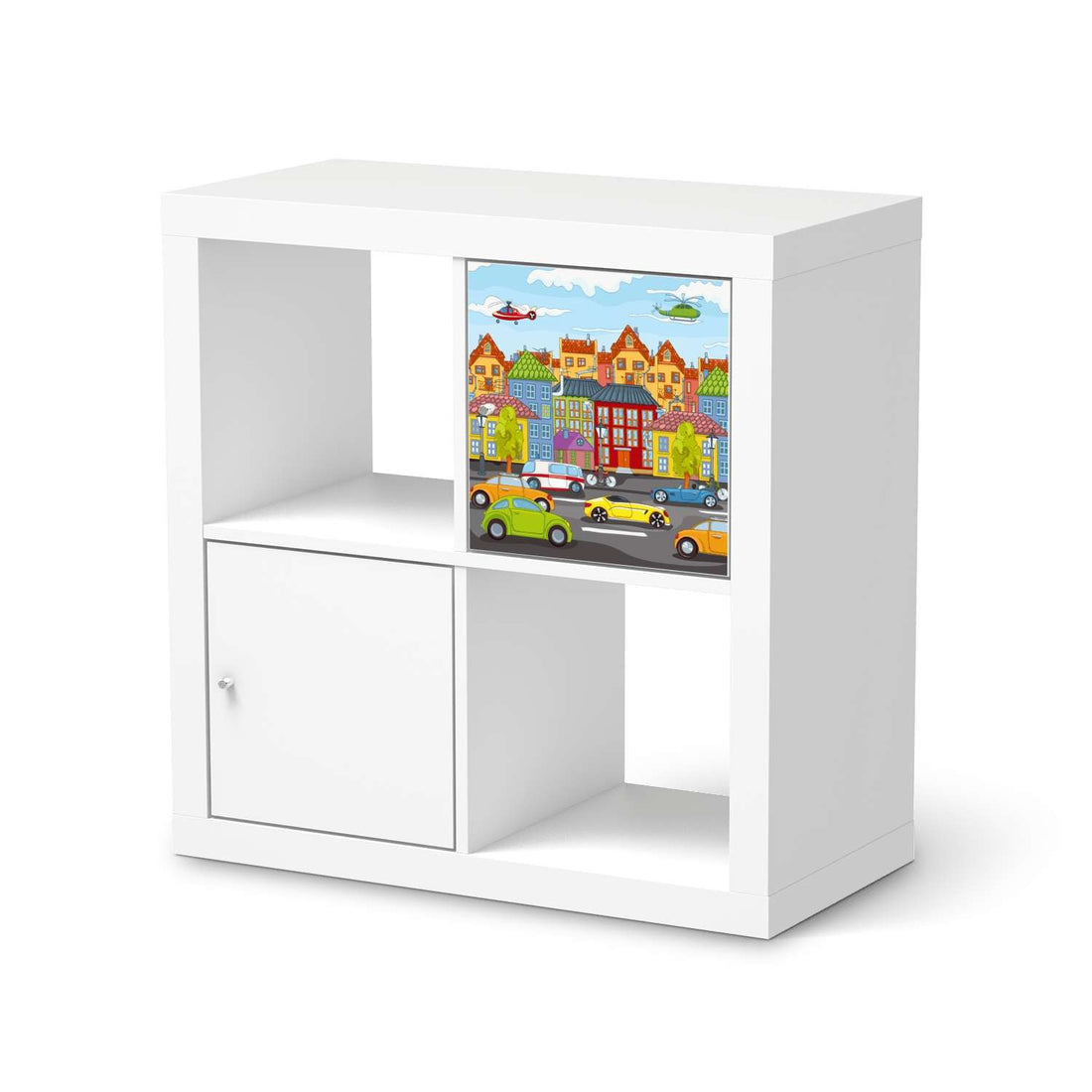 Selbstklebende Folie City Life - IKEA Kallax Regal 1 Türe  - weiss