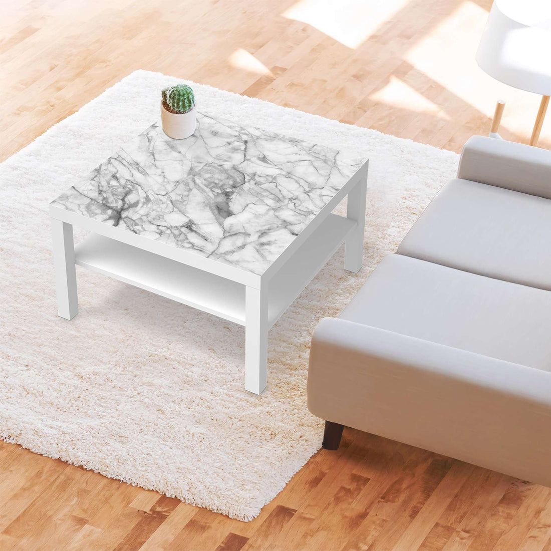 Selbstklebende Folie Marmor weiß - IKEA Lack Tisch 78x78 cm - Wohnzimmer