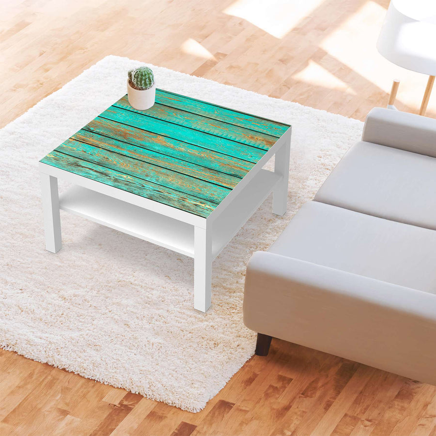 Selbstklebende Folie Wooden Aqua - IKEA Lack Tisch 78x78 cm - Wohnzimmer