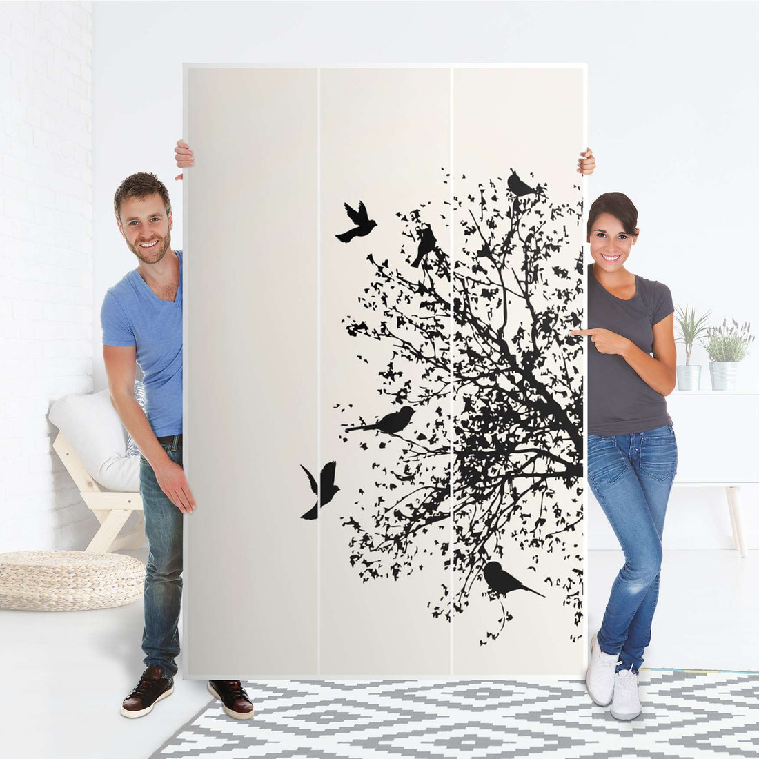 Selbstklebende Folie Tree and Birds 2 - IKEA Pax Schrank 236 cm Höhe - 3 Türen - Folie