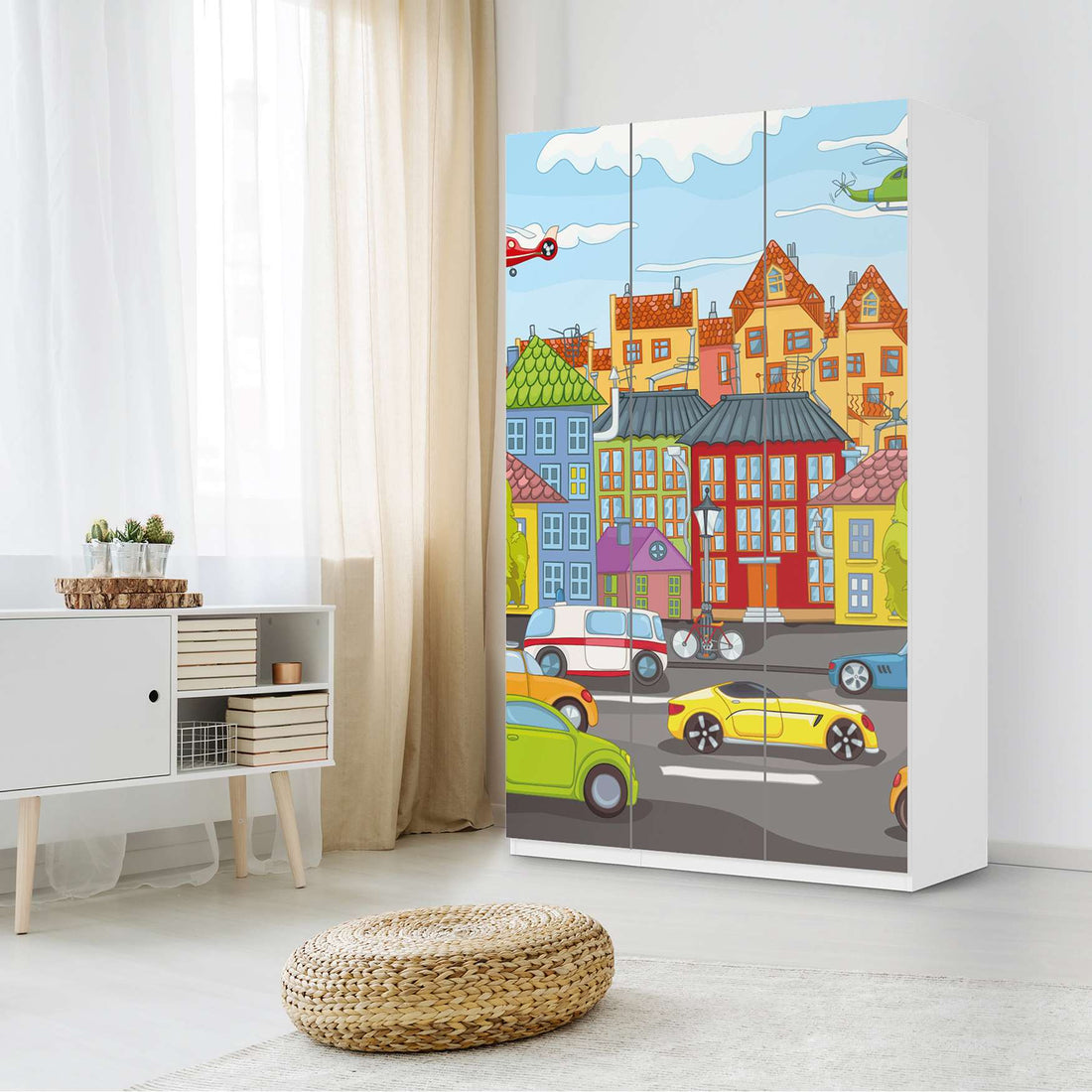 Selbstklebende Folie City Life - IKEA Pax Schrank 236 cm Höhe - 3 Türen - Kinderzimmer