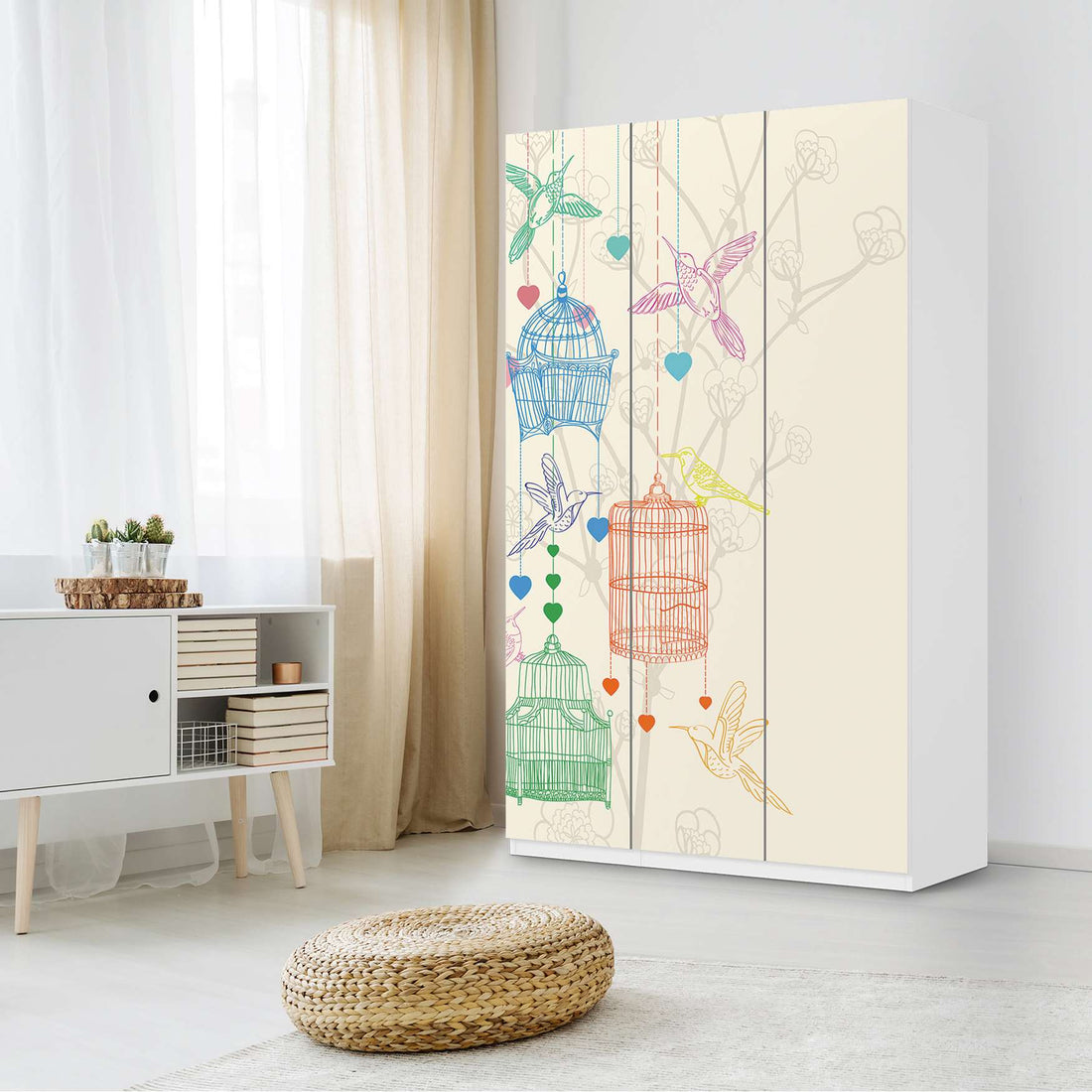 Selbstklebende Folie Birdcage - IKEA Pax Schrank 236 cm Höhe - 3 Türen - Schlafzimmer