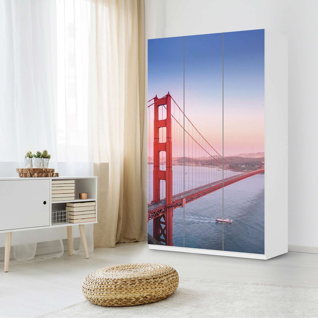Selbstklebende Folie Golden Gate - IKEA Pax Schrank 236 cm Höhe - 3 Türen - Schlafzimmer