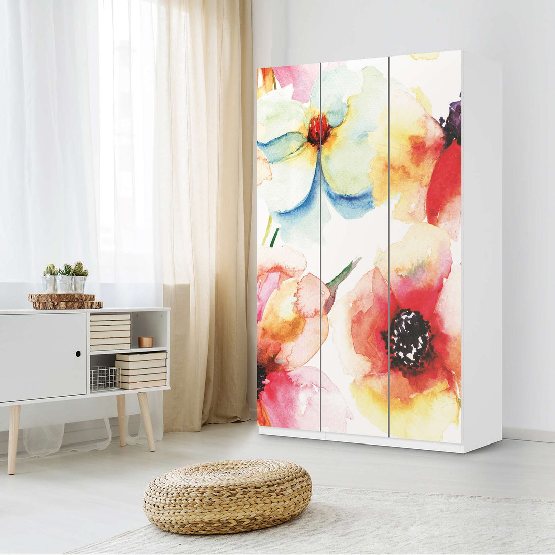 Selbstklebende Folie Water Color Flowers - IKEA Pax Schrank 236 cm Höhe - 3 Türen - Schlafzimmer