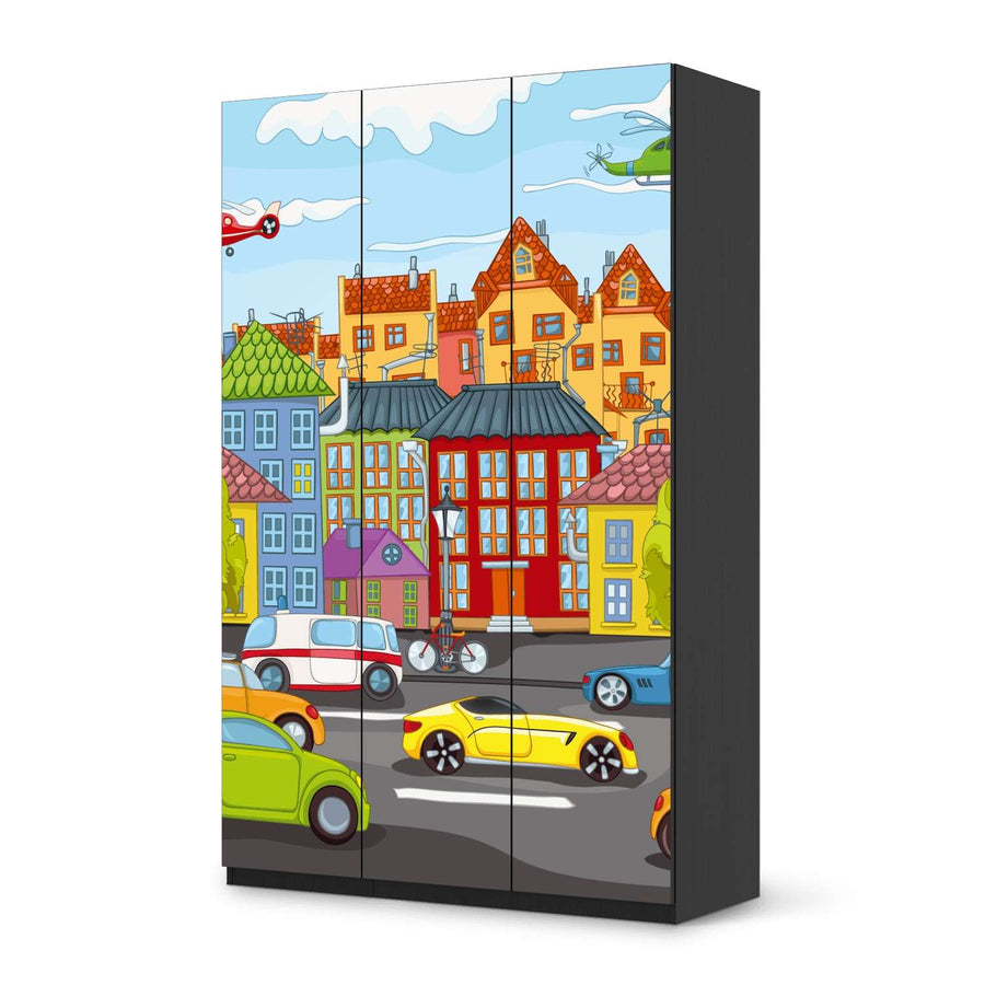 Selbstklebende Folie City Life - IKEA Pax Schrank 236 cm Höhe - 3 Türen - schwarz