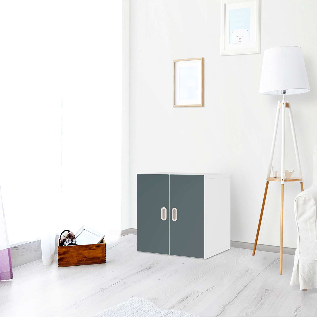Selbstklebende Folie Blaugrau Light - IKEA Stuva / Fritids Schrank - 2 kleine Türen - Kinderzimmer