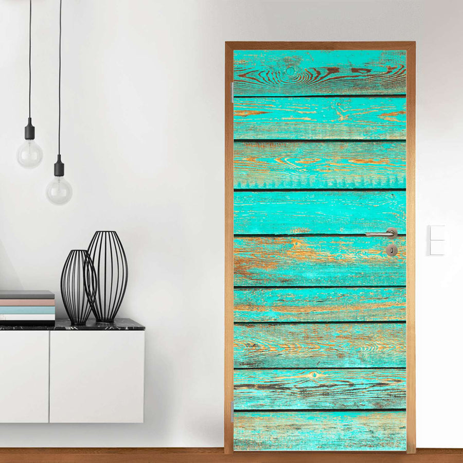 Türfolie Wooden Aqua - Wohnzimmer (Innen-/Außenfläche)