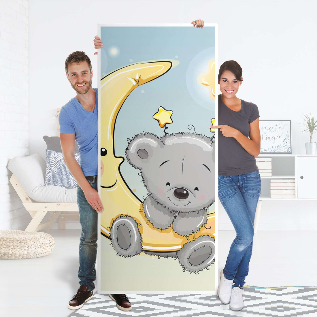Selbstklebende Türfolie - Teddy und Mond (Innen-/Außenfläche)